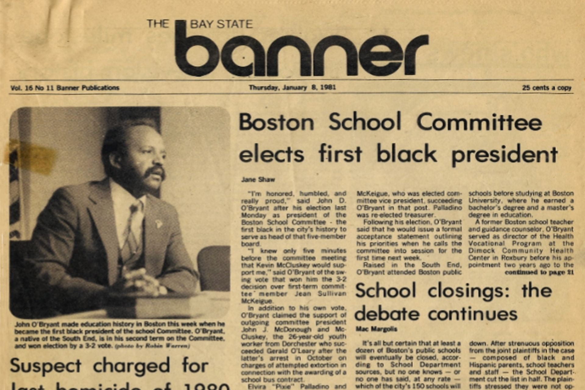 Newspaper clipping of John D. O'Bryant as Boston School Committee's first Black president