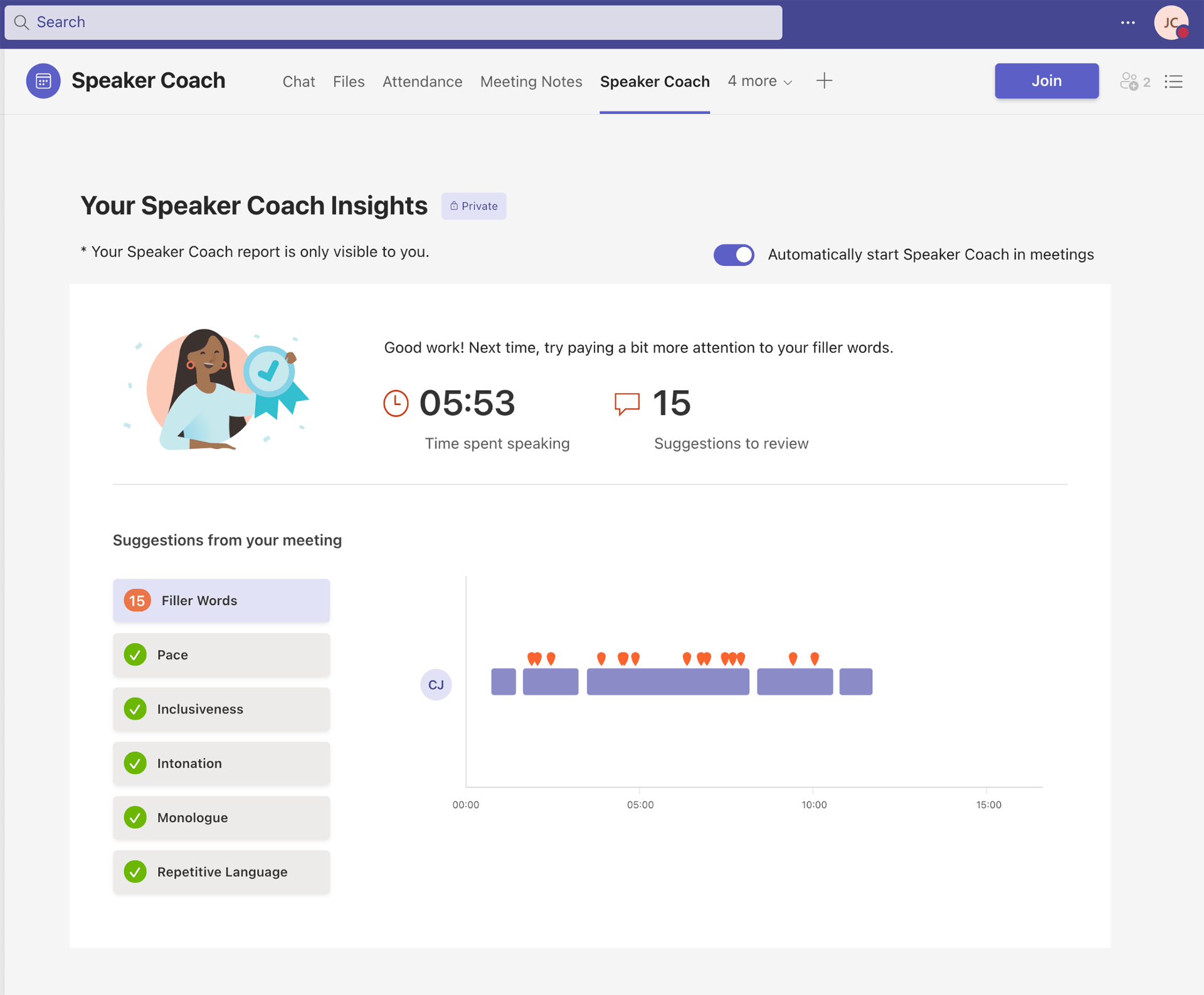 screenshot of summary delivered by Microsoft Teams' Speaker Coach